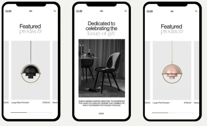 Three smartphone mockups displaying mobile e-commerce interface screens for furniture and lighting brand Gubi.