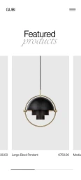 GUBI mobile website interface displaying a black and brass geometric pendant lamp under a Featured Products header.