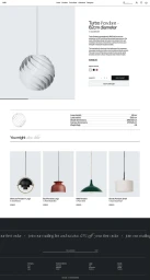 Webpage design for Gubi showcasing the Turbo Pendant lamp with product details, specifications, and related lighting options.