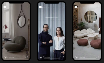 Three smartphone screens displaying Instagram story content for Gubi featuring modern furniture design and portrait of two designers.
