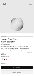 Mobile e-commerce product page interface for the Gubi Turbo Pendant lamp with product details, pricing, and purchase buttons.