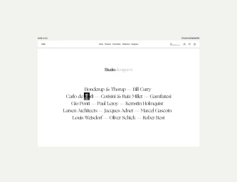 Minimalist website design layout for Gubi showcasing a typographic directory of studio designers against a stark white background.