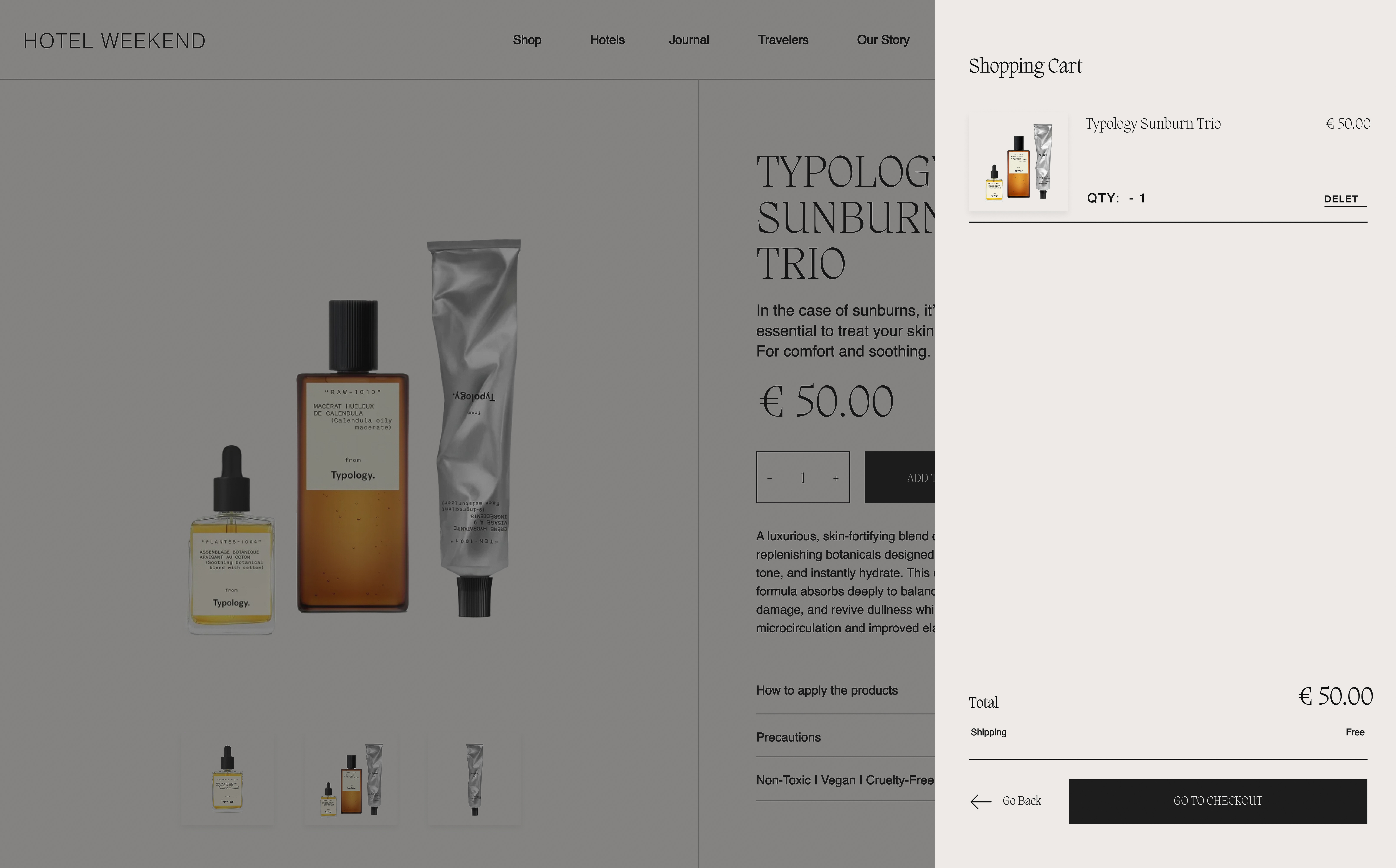 Typology Sunburn Trio displayed on website next to shopping cart. Skincare set features moisturizer, serum, and a balm.