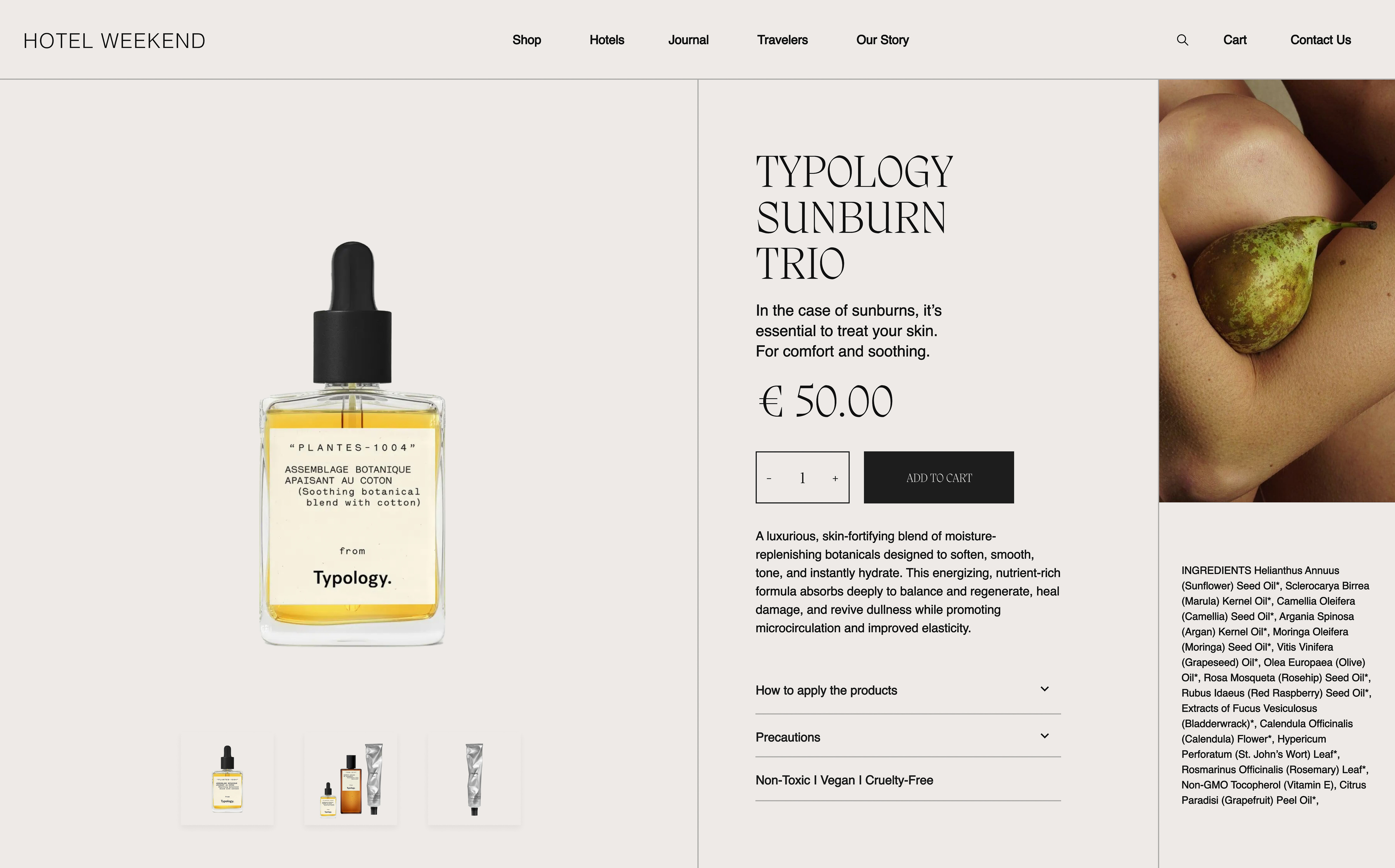 Typology Sunburn Trio product shot. A clear bottle with a black dropper on a light background; bare skin holding a pear.