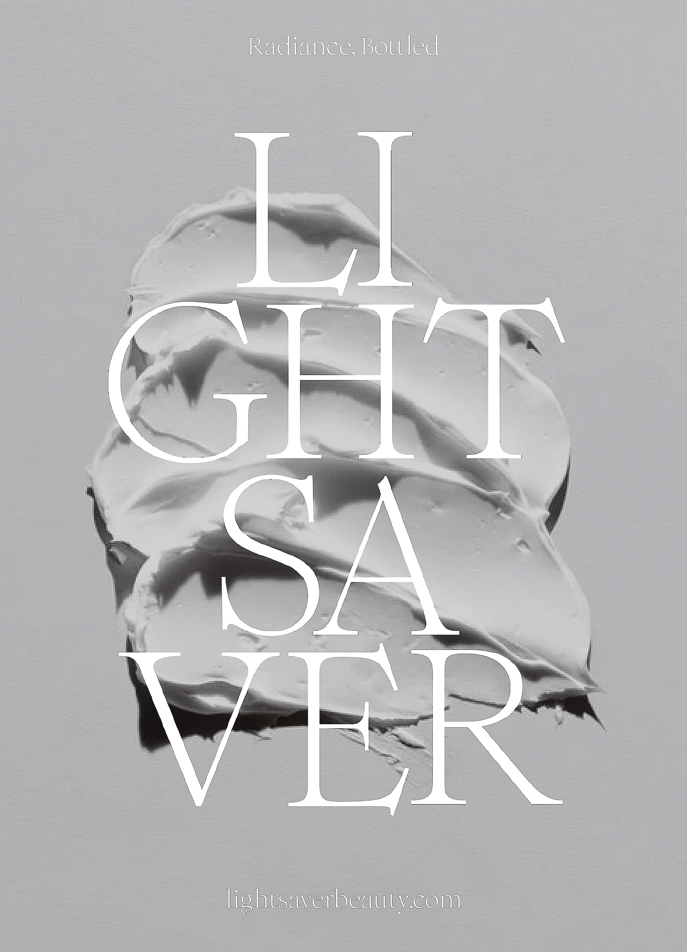 Cosmetic cream smear on gray background with Light Saver branding for beauty or skincare industry, showing product texture and brand.
