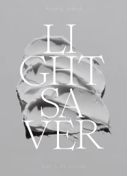 Textured white skincare cream smear on a neutral grey background overlaid with bold white serif typography reading Light Saver.