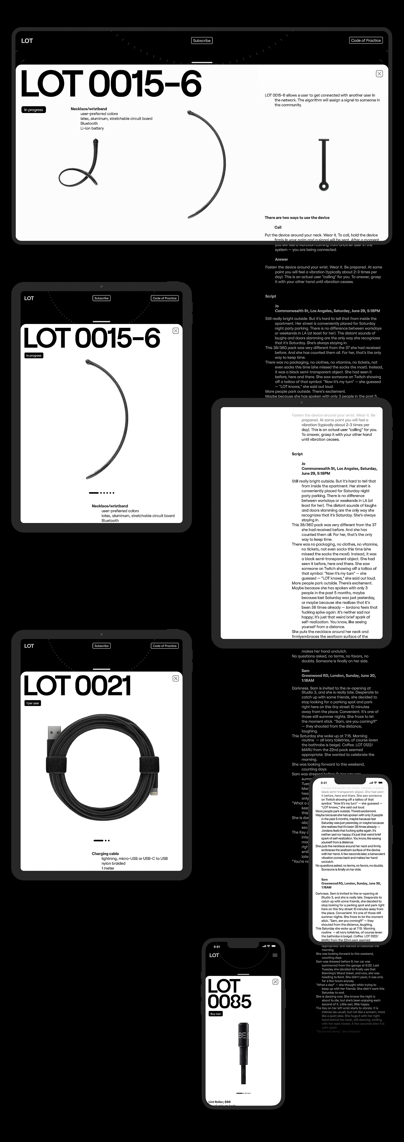 Multiple digital devices showcase abstract graphics and product images on a stark black background, promoting an online auction.