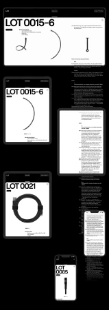 Multiple digital devices showcase abstract graphics and product images on a stark black background, promoting an online auction.