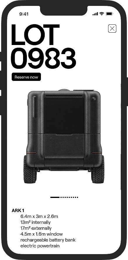 Phone screen displays 'LOT 0983', a modern black module with wheels, and technical specifications for 'ARK 1', emphasizing its dimensions and features.