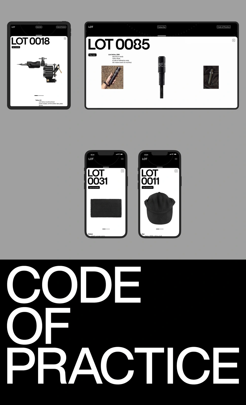 Digital device mockups showing minimalist mobile and tablet e-commerce interfaces above bold Code of Practice typography.