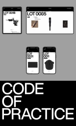 Digital device mockups showing minimalist mobile and tablet e-commerce interfaces above bold Code of Practice typography.