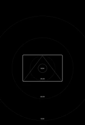 Minimalist black and white diagram featuring concentric dotted circles, geometric lines, and timestamps with a center circle marked NOW.