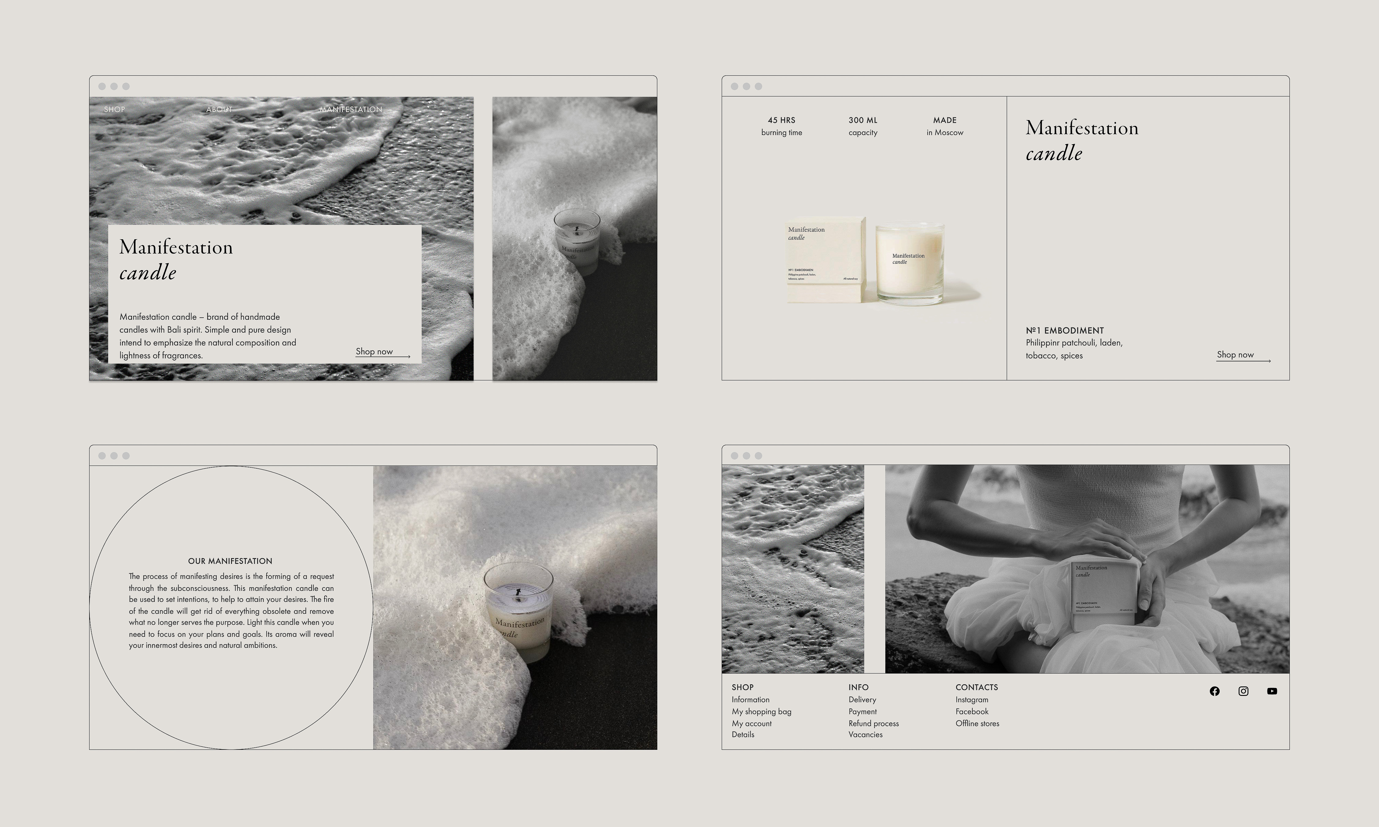 Web layout featuring product photography of a candle, showcasing details like burning time and ingredients in a clean, minimalist design.