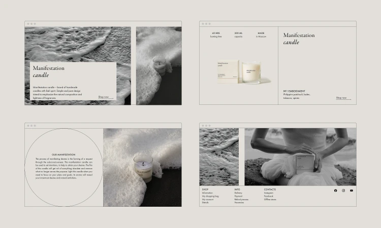 Web layout featuring product photography of a candle, showcasing details like burning time and ingredients in a clean, minimalist design.