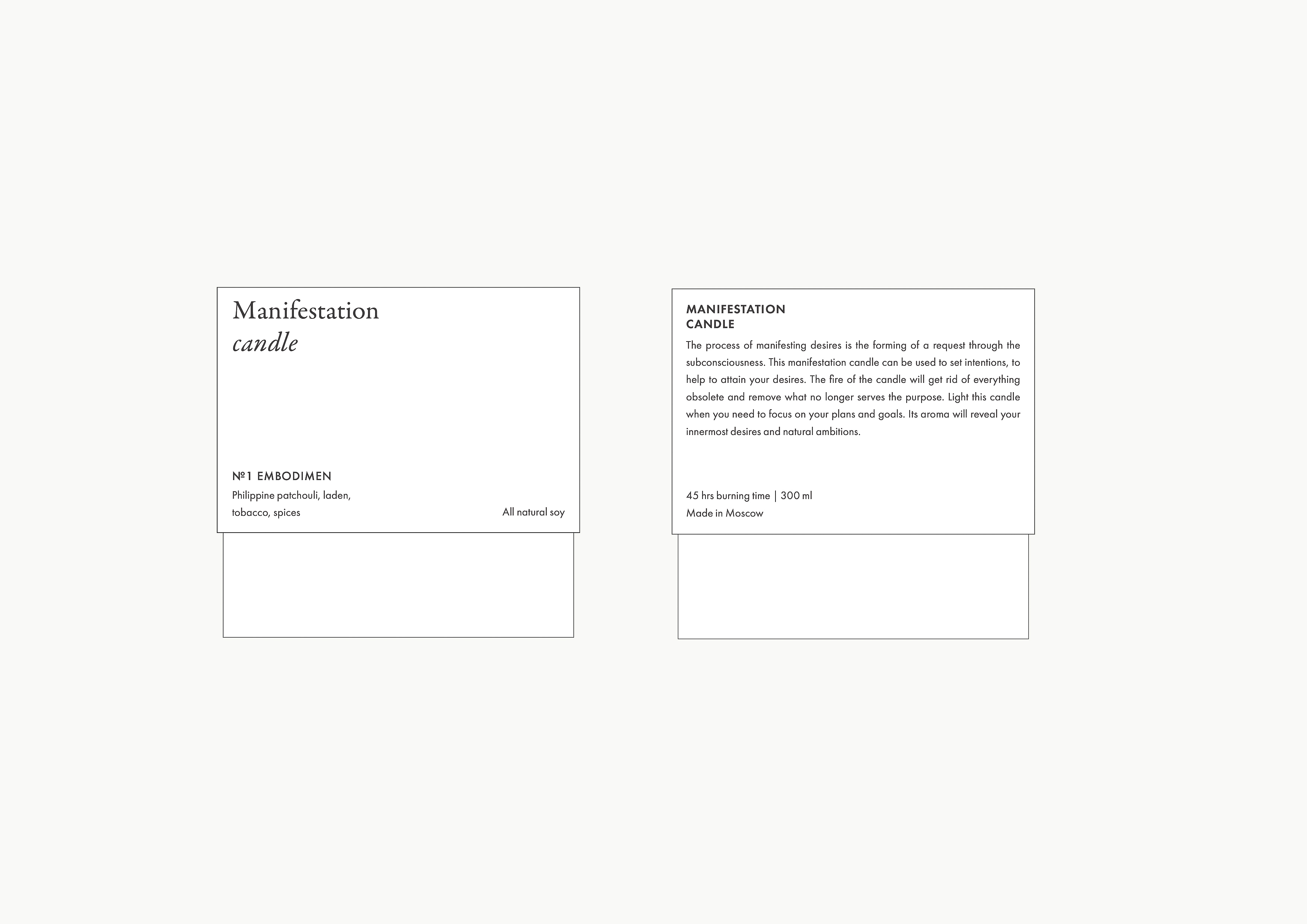 Two product labels for Manifestation Candle, including ingredients and product descriptions, shown on a white surface.