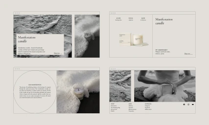 Website UI design layout mockup for Manifestation Candle featuring four browser frames with minimalist typography and monochrome photography.