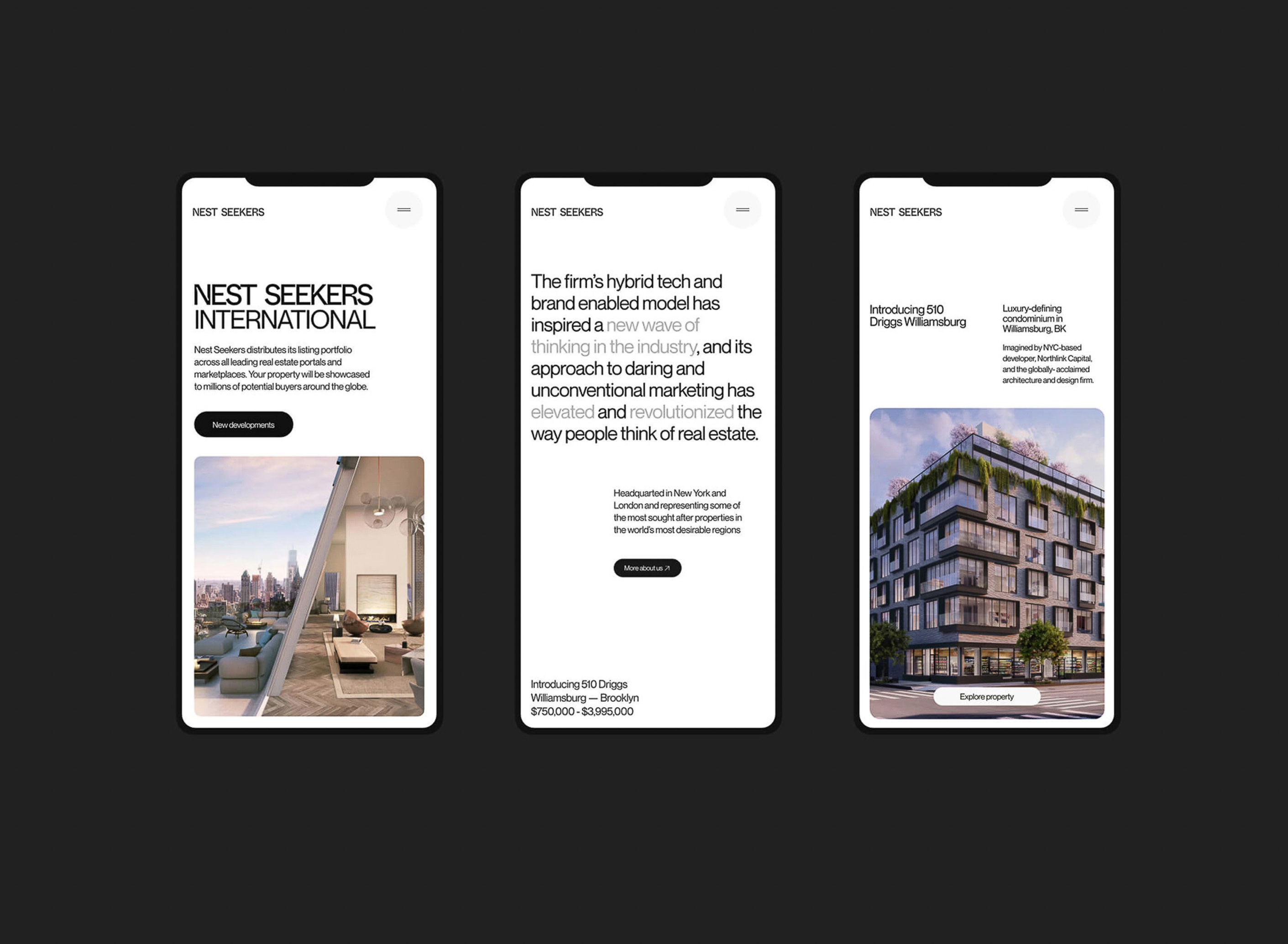 Three smartphone screens display a real estate app interface with modern architecture and interior design. Mobile app showcases properties.