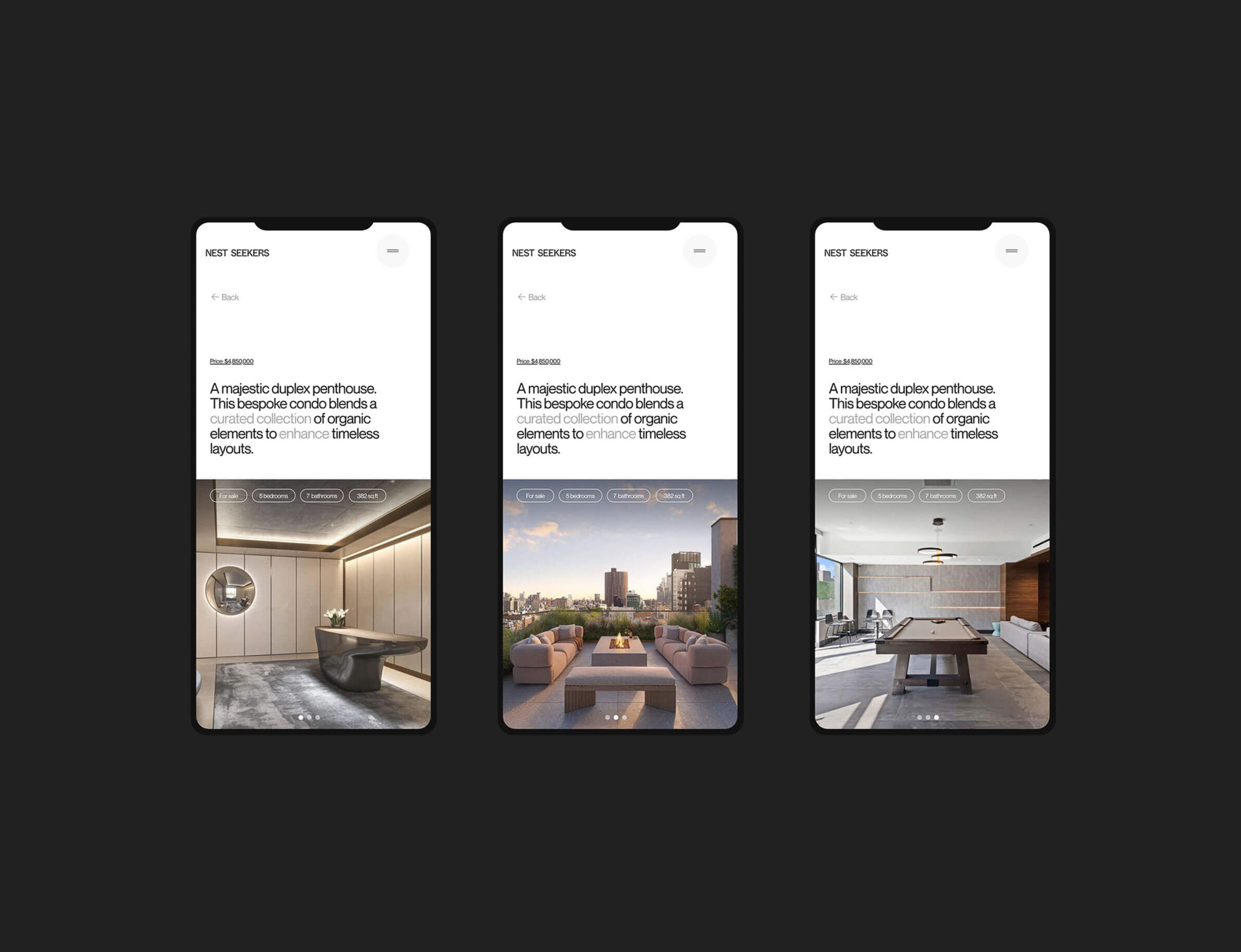 Three smartphone screens showing a real estate app interface with interior and exterior views of modern penthouses, promoting luxury living.