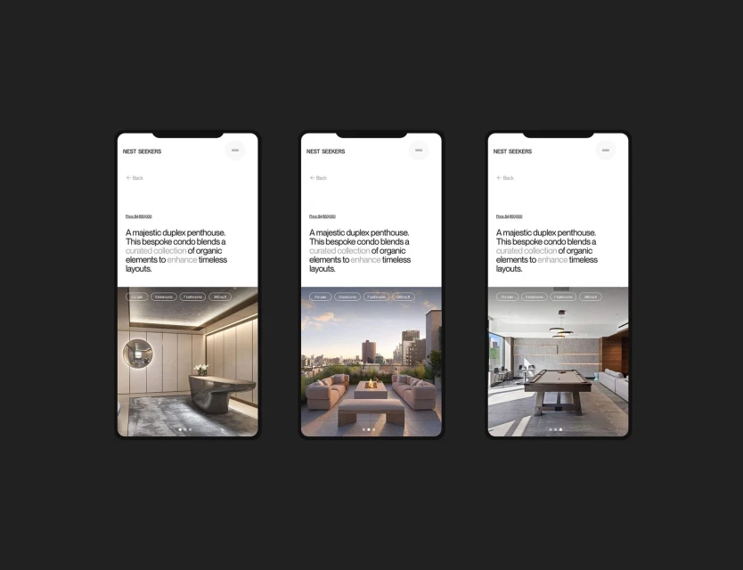 Three smartphone screens showing a real estate app interface with interior and exterior views of modern penthouses, promoting luxury living.