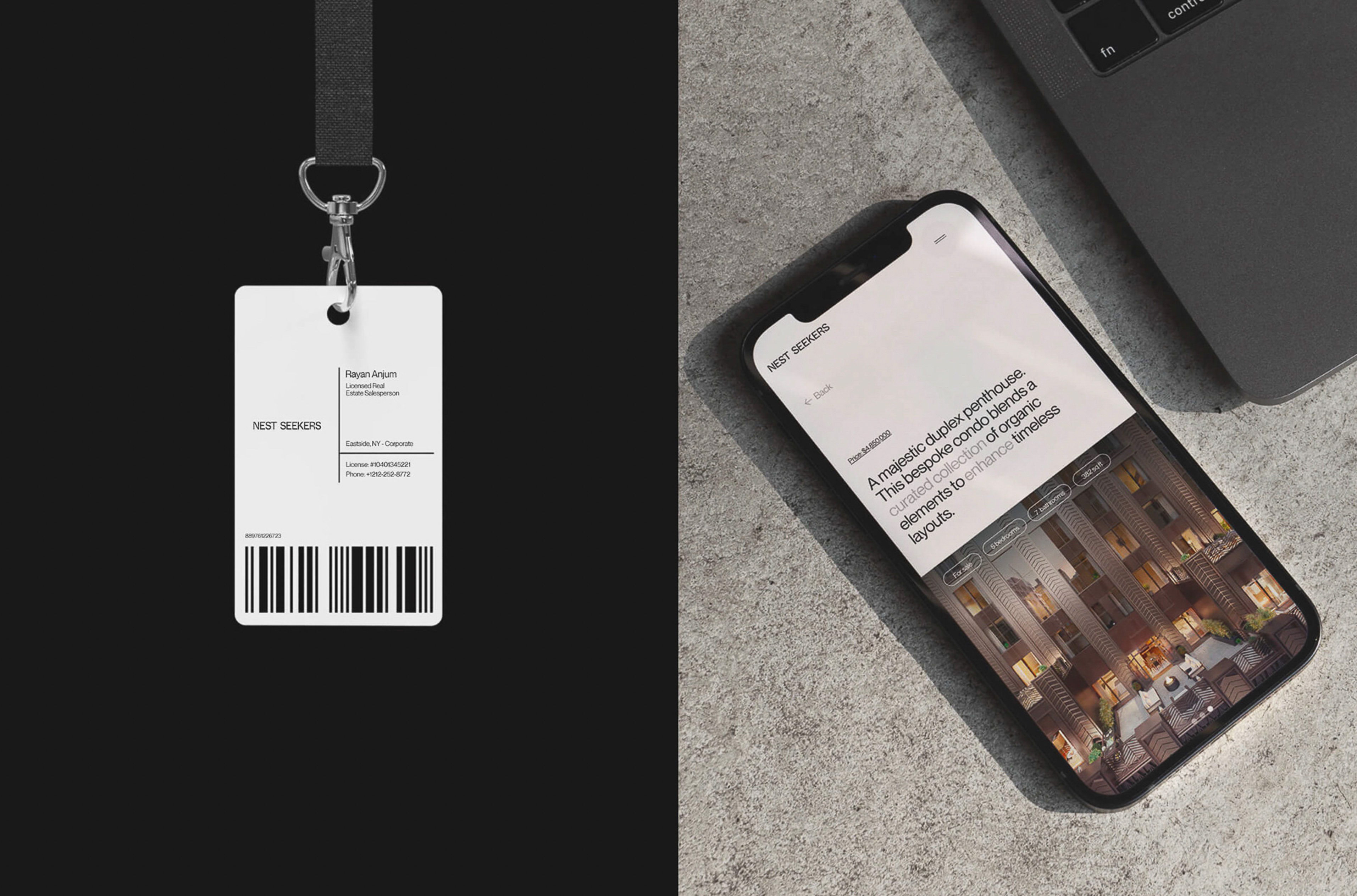 Promotional graphic featuring a Nest Seekers ID badge on a lanyard, next to a phone showing a real estate listing on a gray surface.