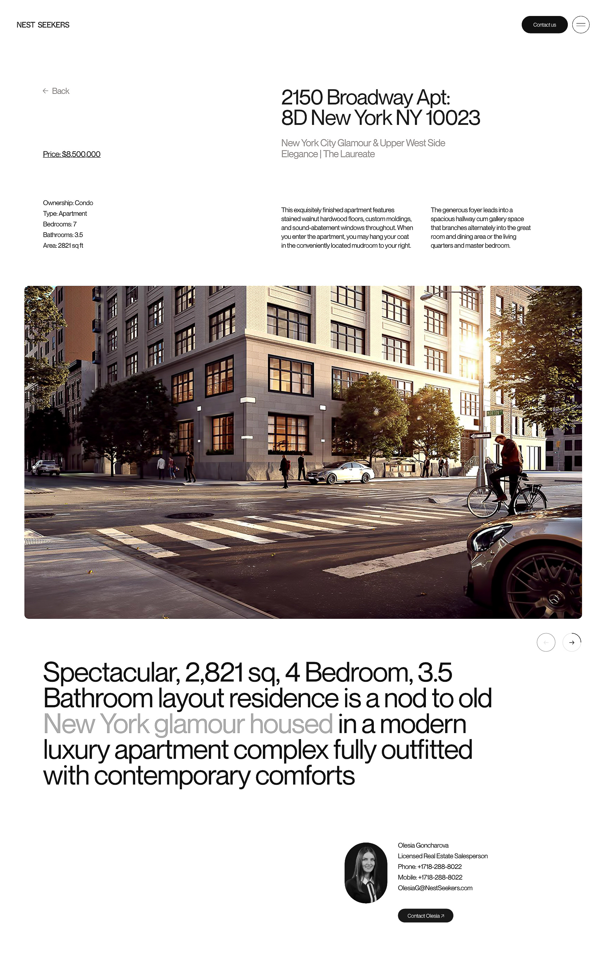 Architectural visualization of a modern apartment building in New York City, featuring a pedestrian and cyclist on the sidewalk.