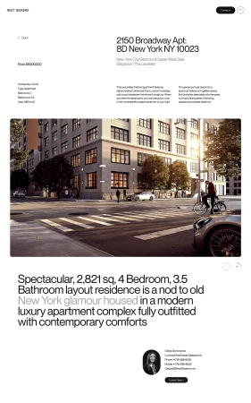 Architectural visualization of a modern apartment building in New York City, featuring a pedestrian and cyclist on the sidewalk.