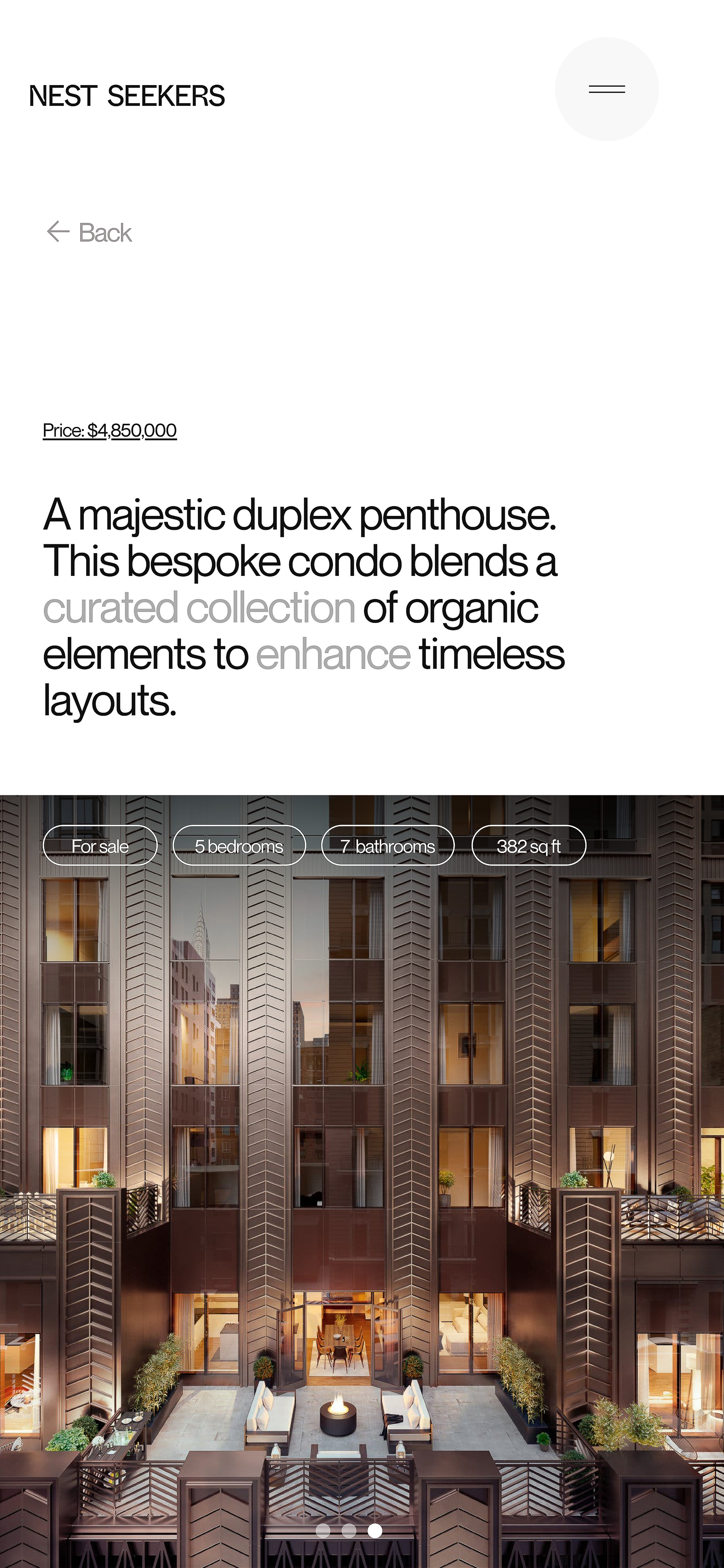 Exterior view of a modern luxury duplex penthouse with floor-to-ceiling windows and a rooftop terrace with outdoor furniture.