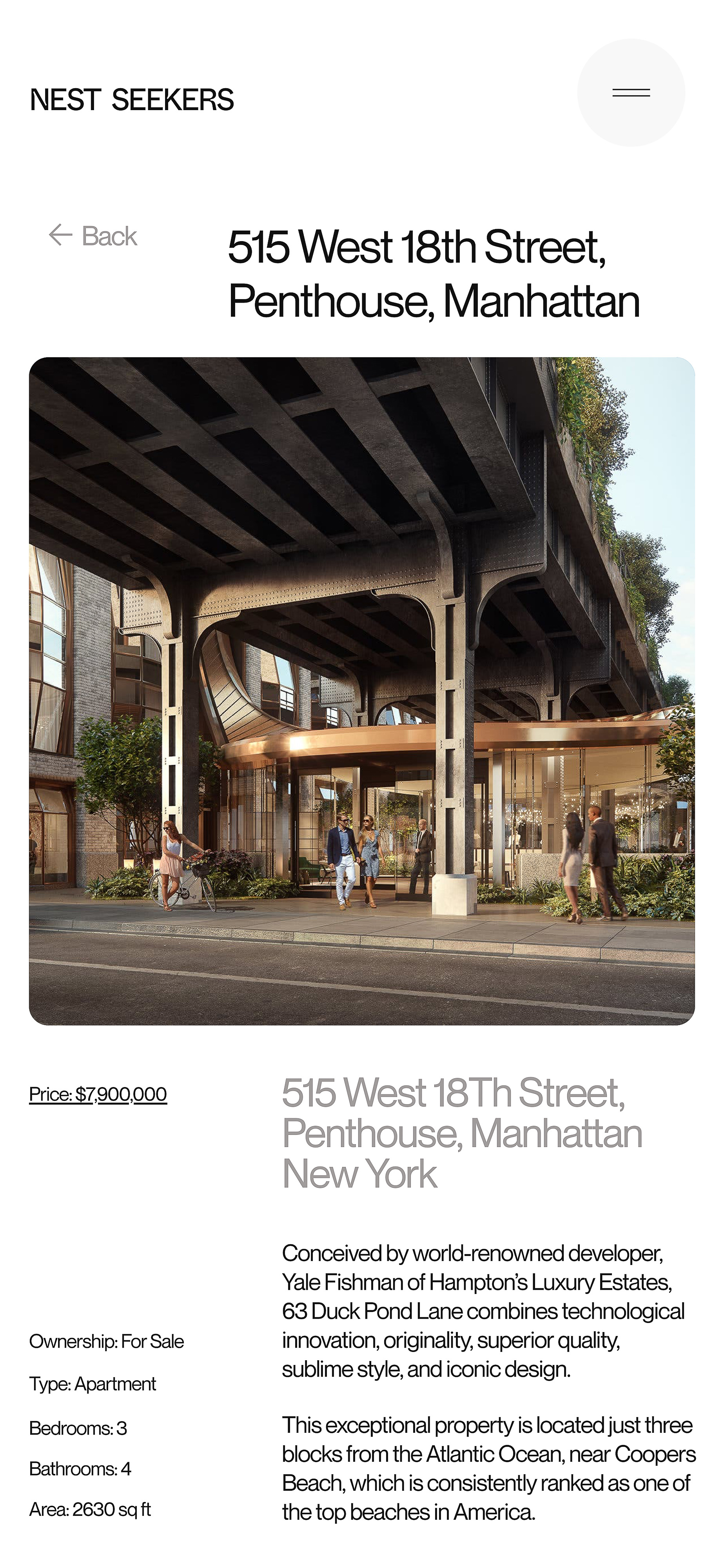 Exterior view of 515 West 18th Street in Manhattan, showing the building's architecture, an elevated walkway, and people.