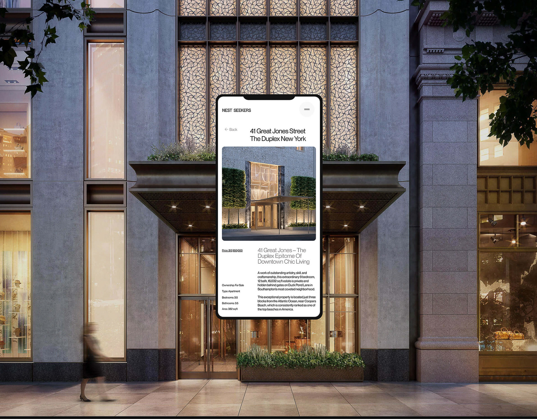 Modern apartment building exterior with large glass windows. A smartphone screen displays the building's listing details.