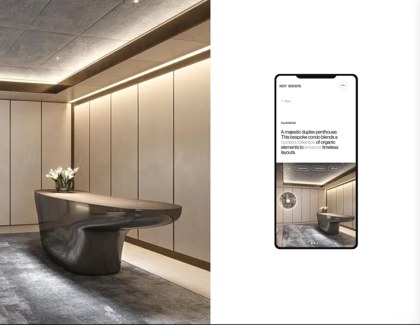 Interior design showcasing a sleek black reception desk topped with white flowers in a lobby with paneled walls and a gray carpet.