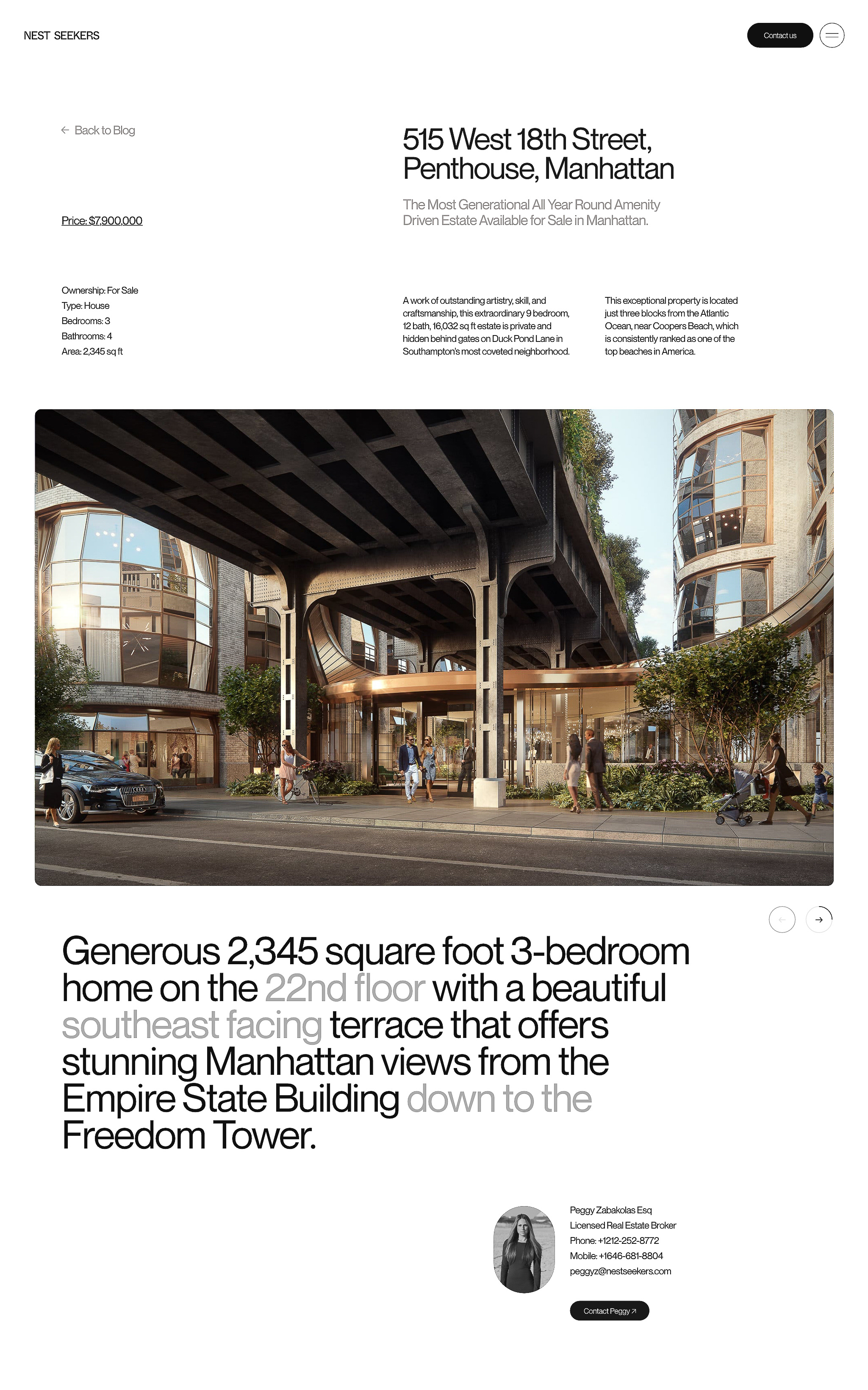 Exterior view of 515 West 18th Street, a penthouse in Manhattan. The building features a modern design with a terrace and street-level activity.