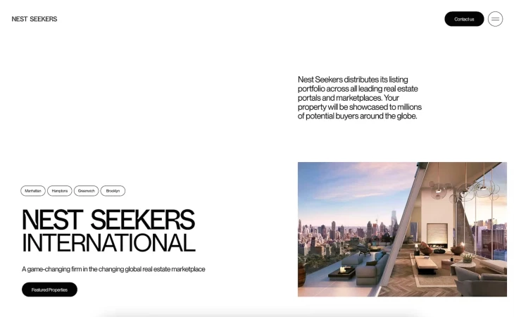 Real estate website promoting properties in Manhattan, Hamptons, Greenwich, and Brooklyn, with a view of a city skyline.