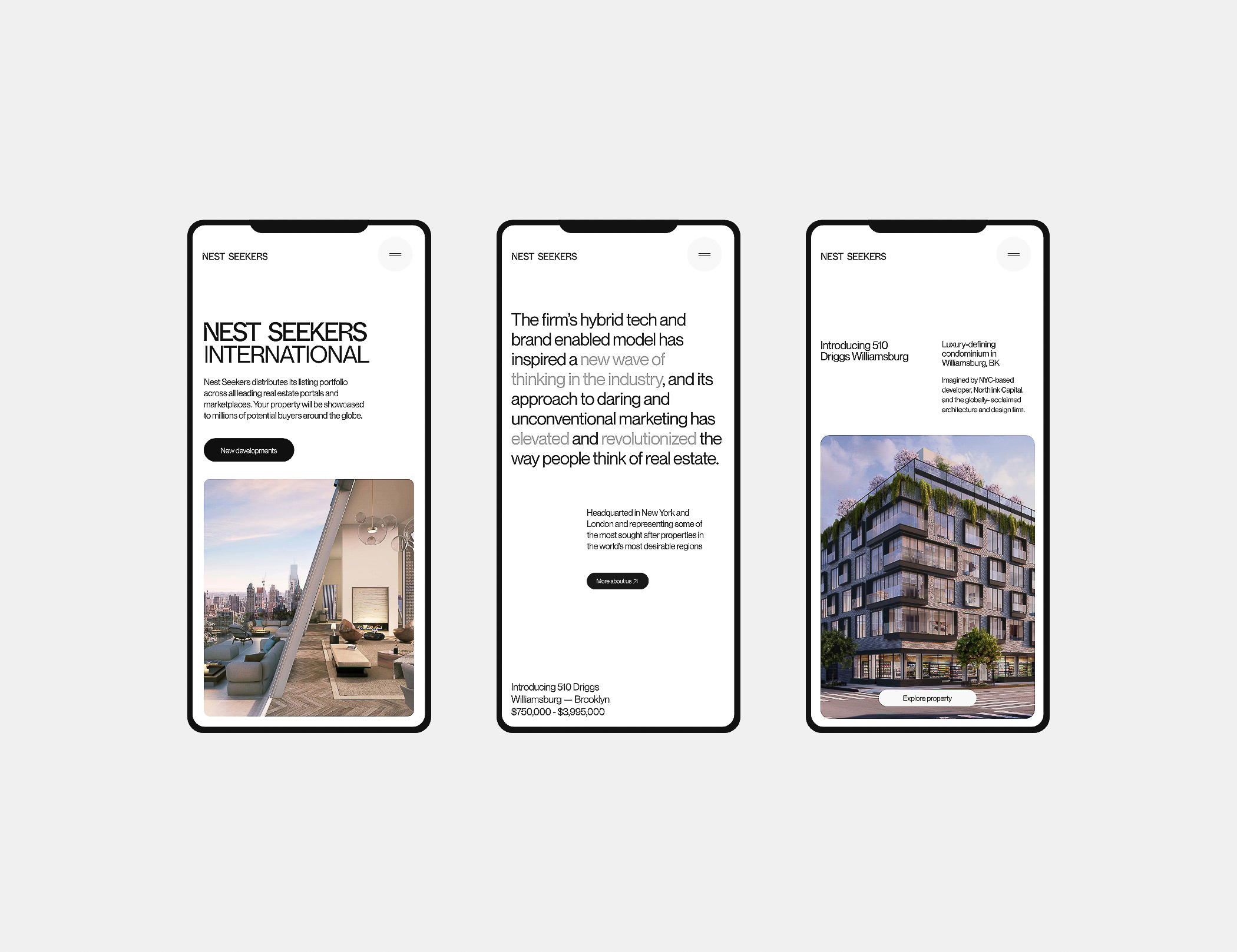 Three smartphone screens showing Nest Seekers real estate marketing with property listings, architectural renderings, and interior photos.