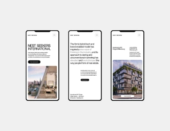Three smartphone mockups showing a minimalist mobile website layout for Nest Seekers International against a grey background.
