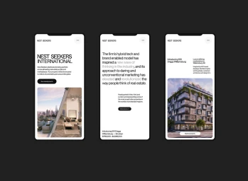 Three mobile screen UI design mockups for Nest Seekers real estate on a dark background showing architecture and typography.