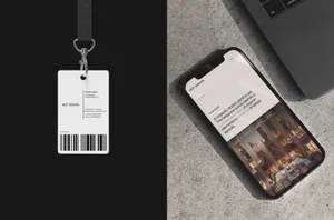Branding mockup displaying a white ID card badge on a black background alongside a smartphone on a concrete surface.
