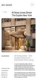 Mobile UI screen design for Nest Seekers displaying a luxury real estate listing at 41 Great Jones Street in New York.