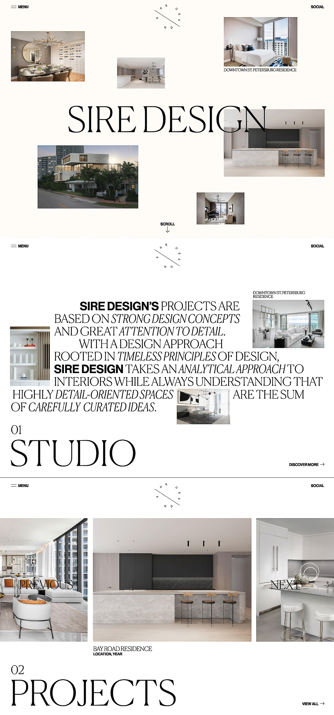 Collage of interior design projects by Sire Design, showing kitchens, living rooms, and exteriors with minimalist style, displayed on a clean, modern layout.
