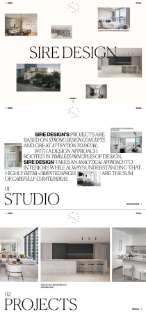 Collage of interior design projects by Sire Design, showing kitchens, living rooms, and exteriors with minimalist style, displayed on a clean, modern layout.