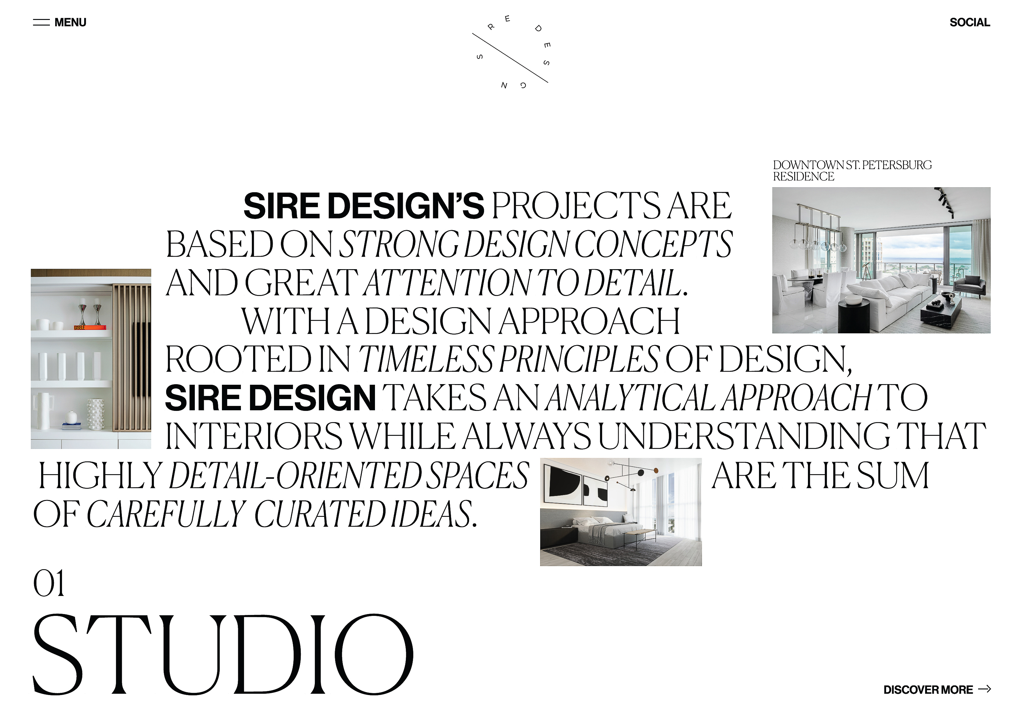 Sire Design's website homepage with text, images of interior spaces, and the brand's logo on a clean, minimalist white background.