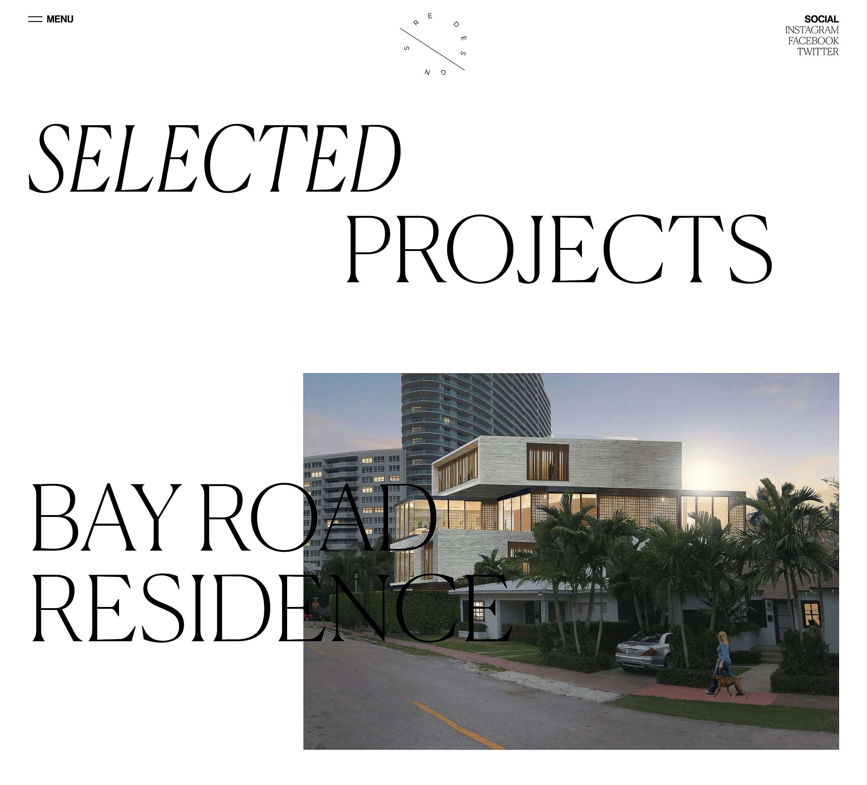 Exterior of a modern residence with horizontal white levels, palm trees, a car, and a person walking on the sidewalk.