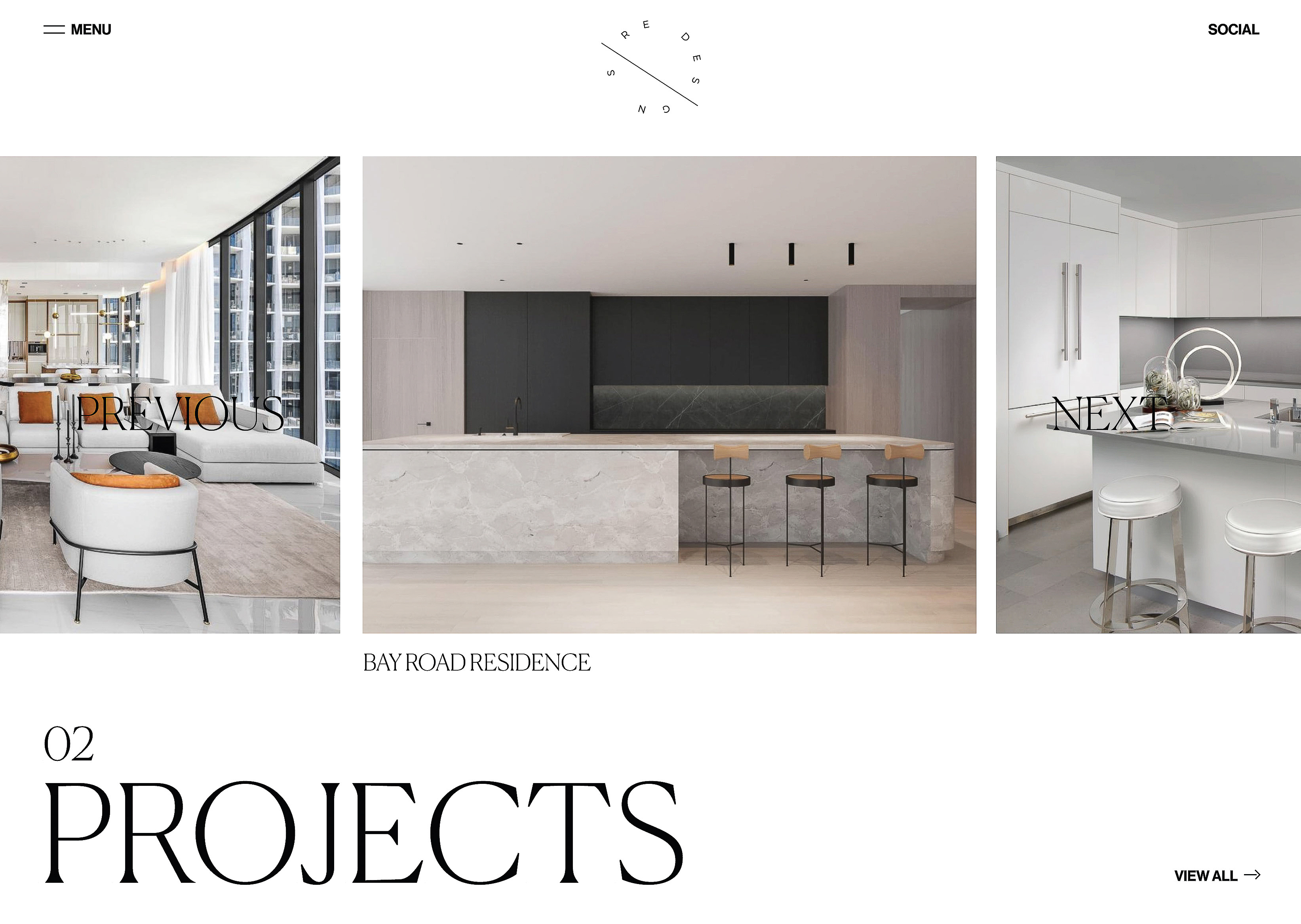 Interior design featuring kitchen and living areas with modern furniture, marble island, and minimalist decor in a bright, open space.