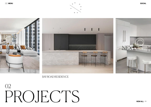 Interior design featuring kitchen and living areas with modern furniture, marble island, and minimalist decor in a bright, open space.
