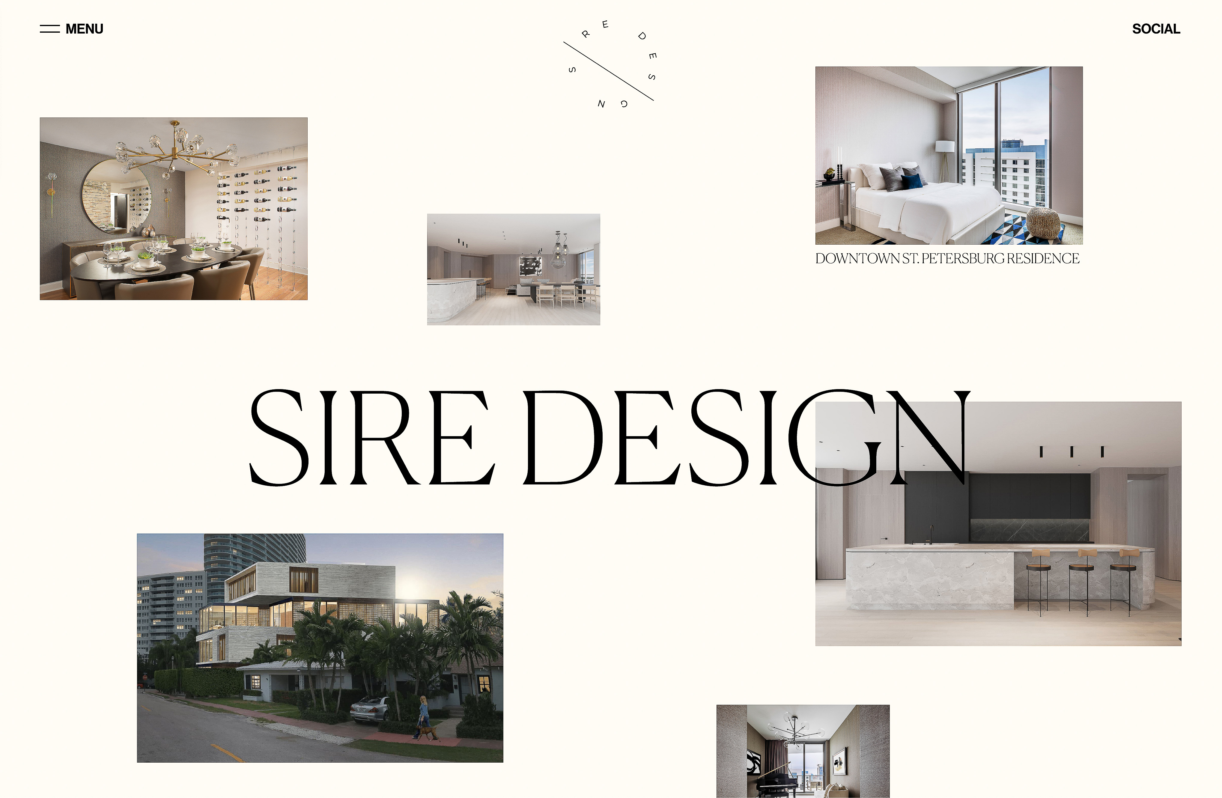 Website showcasing Sire Design's diverse portfolio of interior design projects, including residential spaces and architectural exteriors.