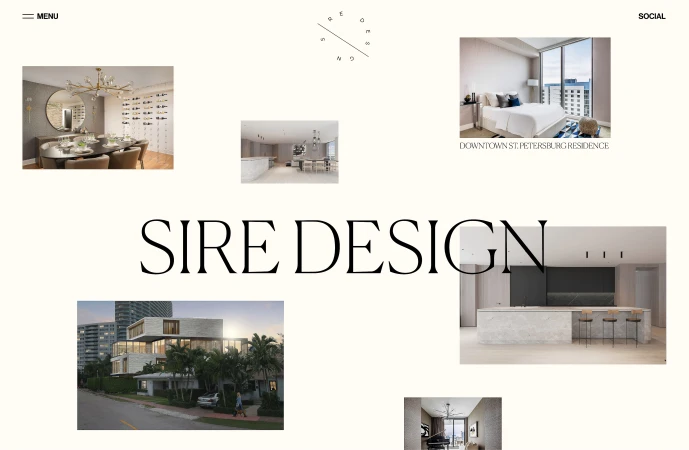 Website showcasing Sire Design's diverse portfolio of interior design projects, including residential spaces and architectural exteriors.