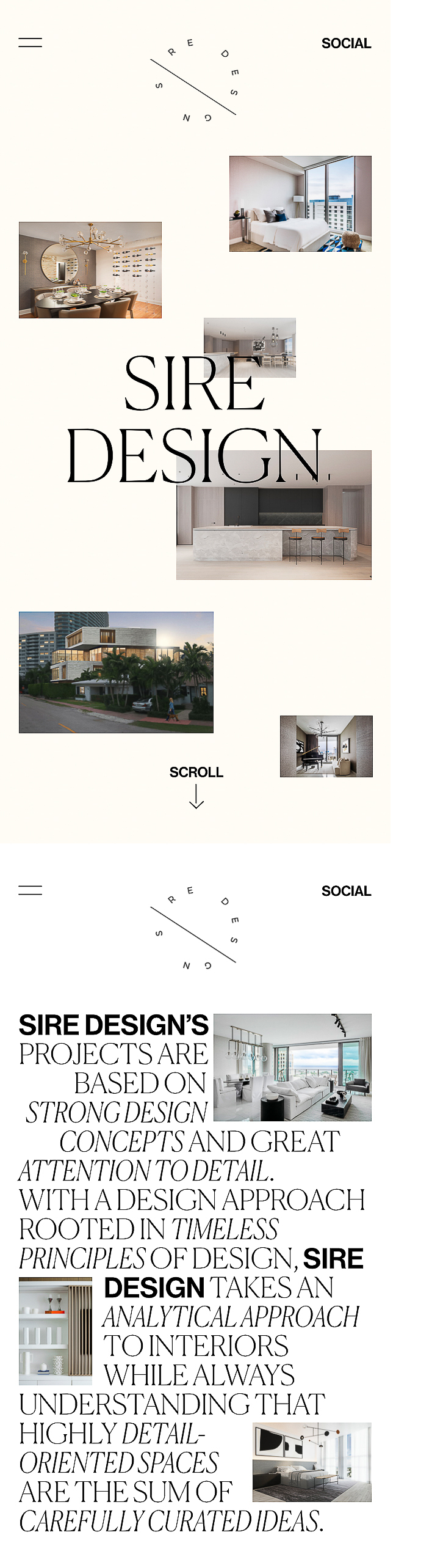 Collage featuring interior design samples, including living rooms and kitchens, on a white background with Sire Design branding and text.