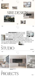 Digital website design layout for Sire Design featuring editorial typography and modern interior architecture portfolio images.