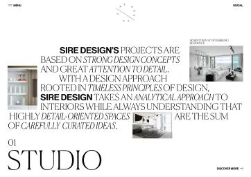 Minimalist website layout for Sire Design featuring large serif typography and interior design photography thumbnails on white background.