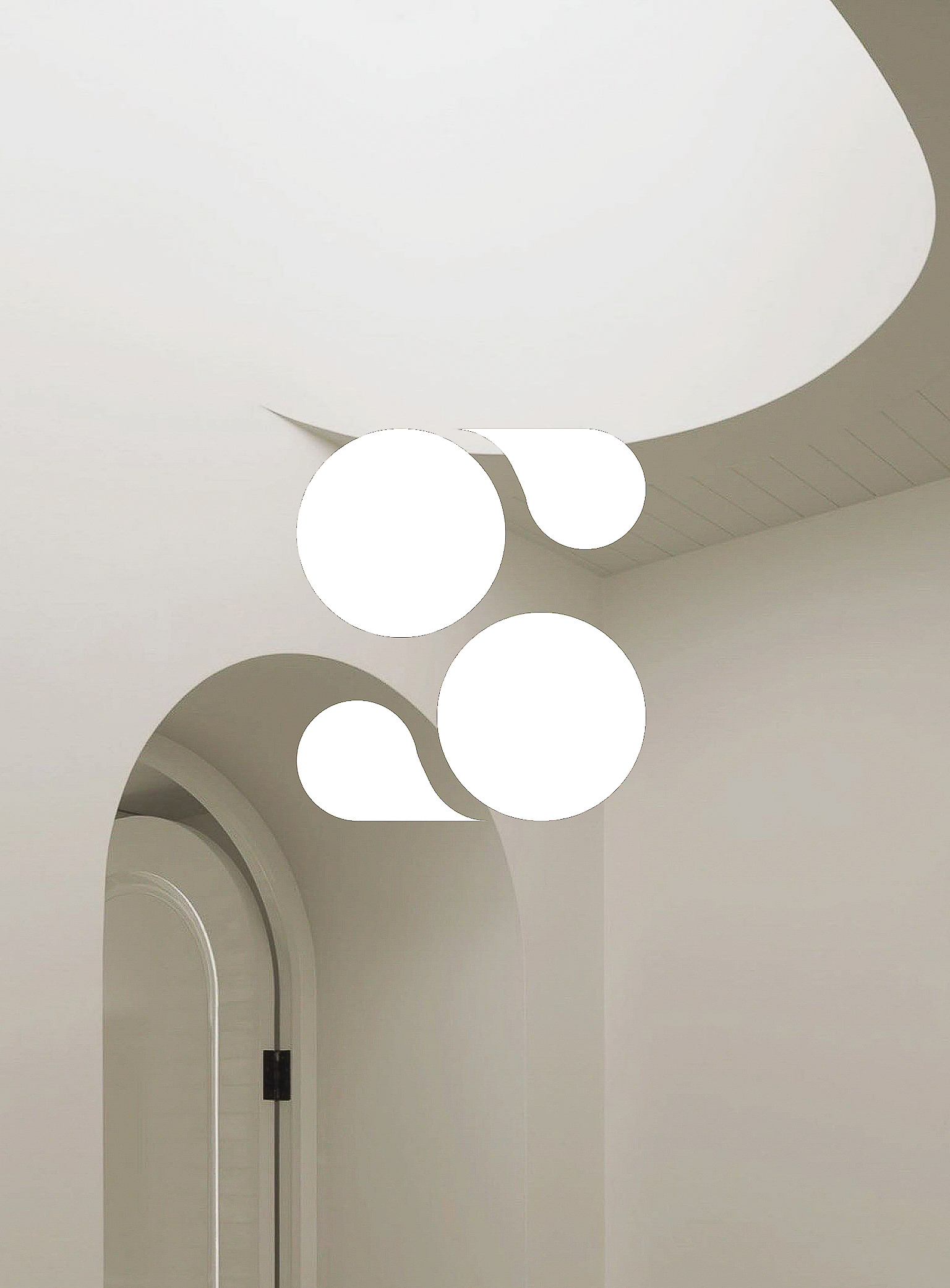 Minimalist interior design featuring white walls, arched doorway, and modern pendant lighting in a clean, architectural composition.