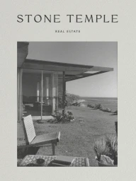 Black and white poster layout for Stone Temple Real Estate featuring a mid-century modern coastal house and outdoor lounge chair.